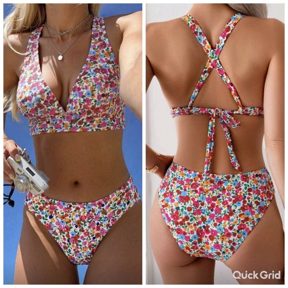 Womens Casual Beach & Swim Floral Ditsy Flower Halter Tie Back High Waist Bikini